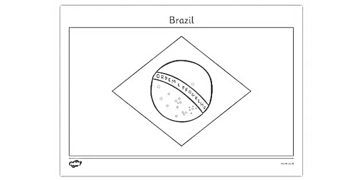 Раскраска раскраска флага Бразилии с ромбом и кругом с надписью и звездами