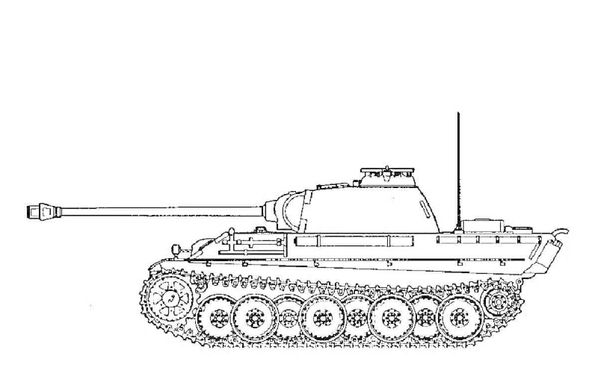 На раскраске изображено: Танк, Пантера, Военная техника, WWII, Немецкий танк, Гусеницы, Орудие, Антенны, Контурные рисунки