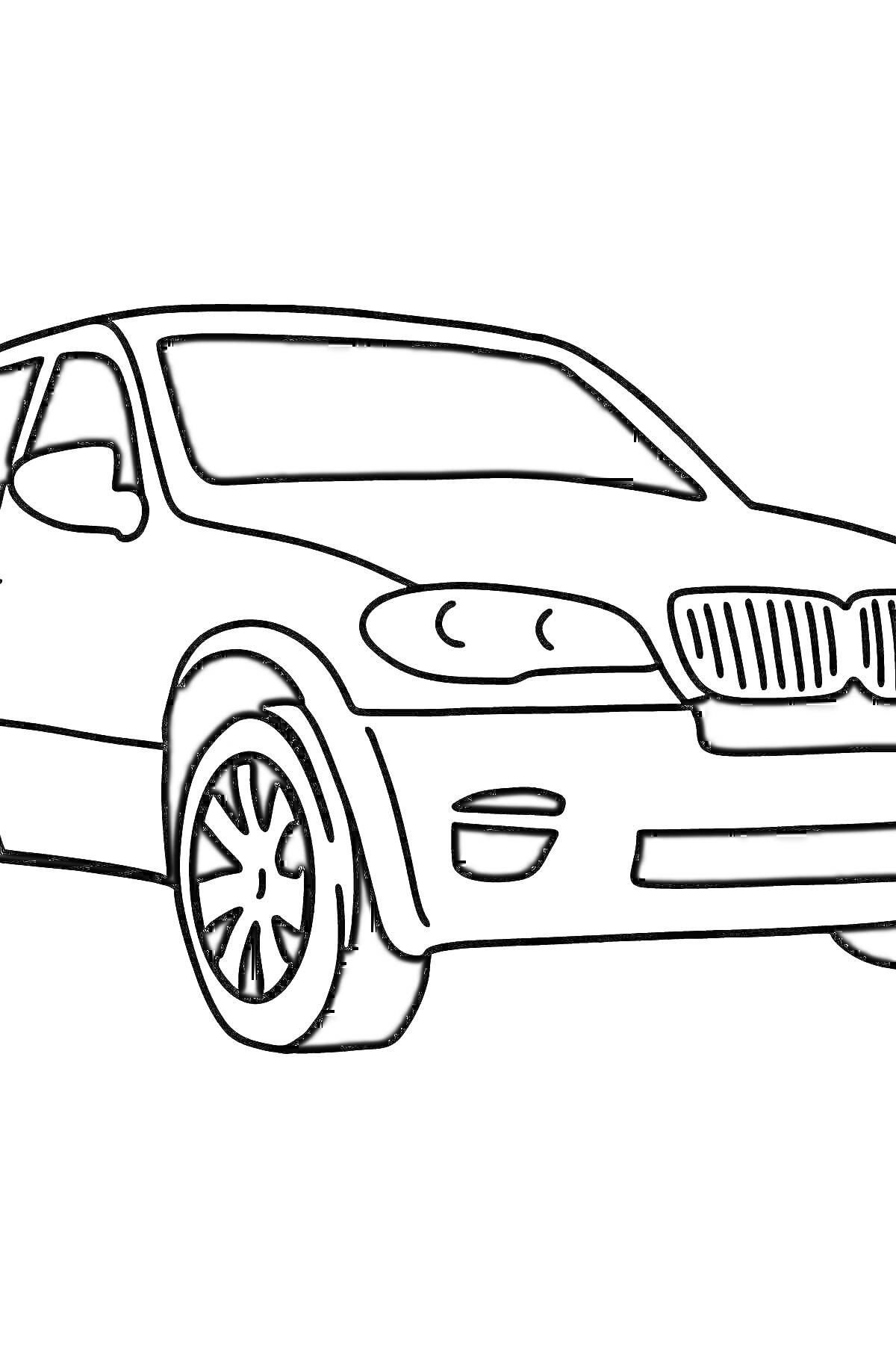 Раскраска БМВ X6 - передний вид с элементами кузова, колесами и фарами