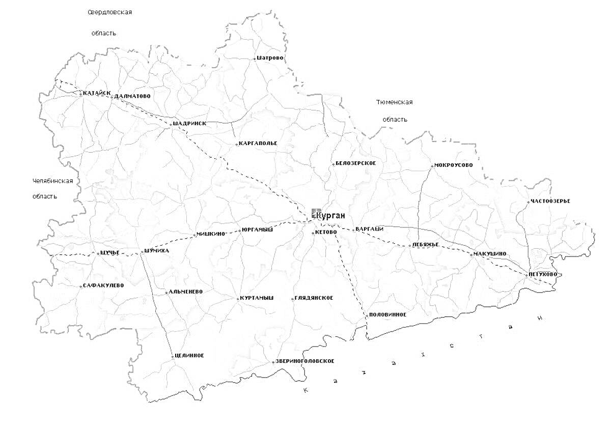 Раскраска Карта Курганской области с отмеченными населенными пунктами и дорогами