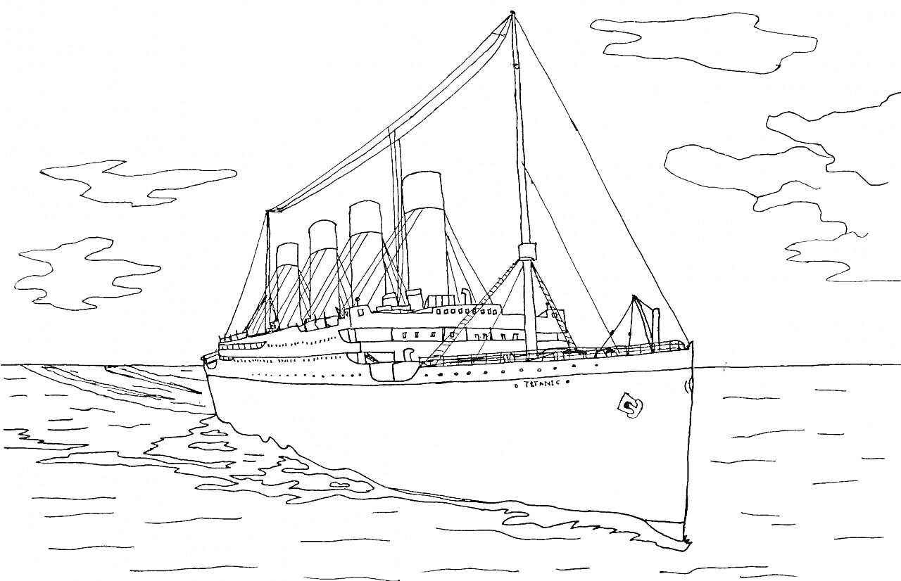 На раскраске изображено: Титаник, Корабль, Лайнер, Море, Вода, Волны, Небо, Облака, Судно, Океаны