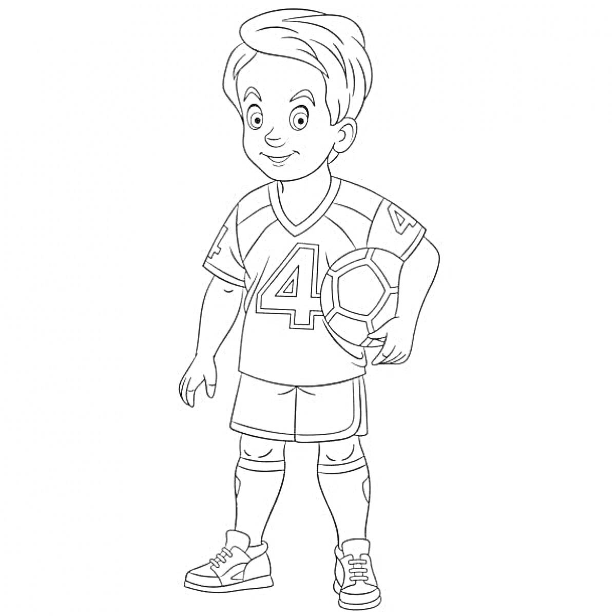 На раскраске изображено: Футболист, Мальчик, Спортивная форма, Номер 4, Спорт, Футбол