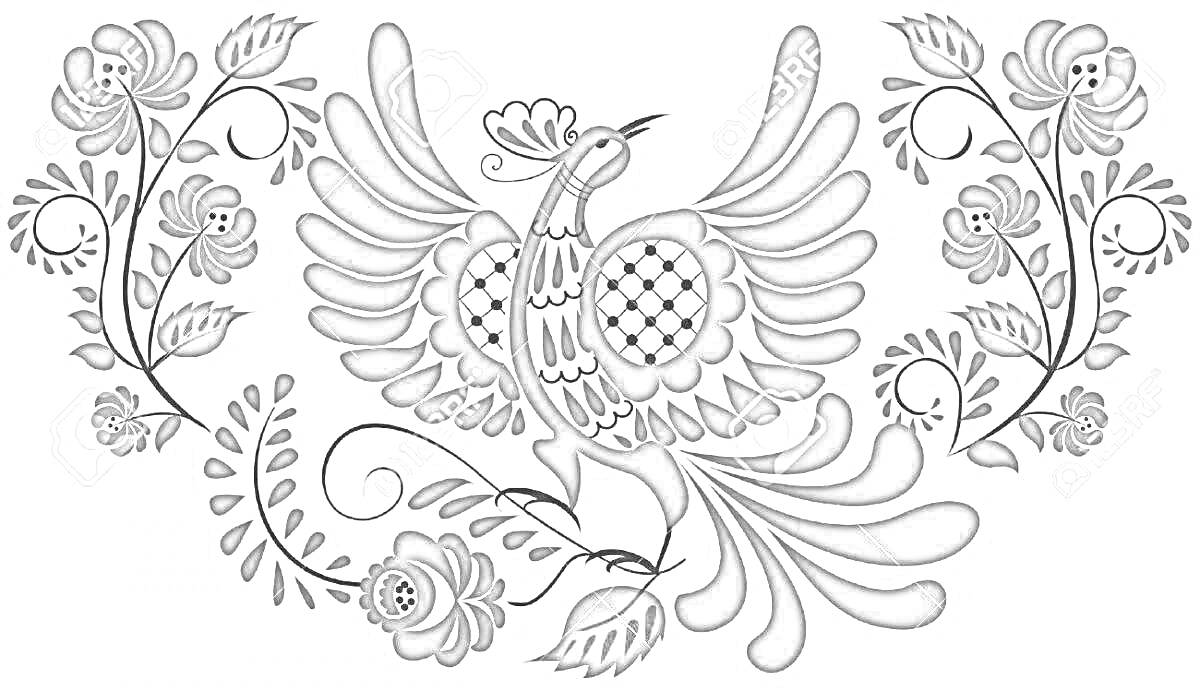 На раскраске изображено: Птица, Гжель, Цветы, Узоры, Крылья, Хвост, Декоративные элементы