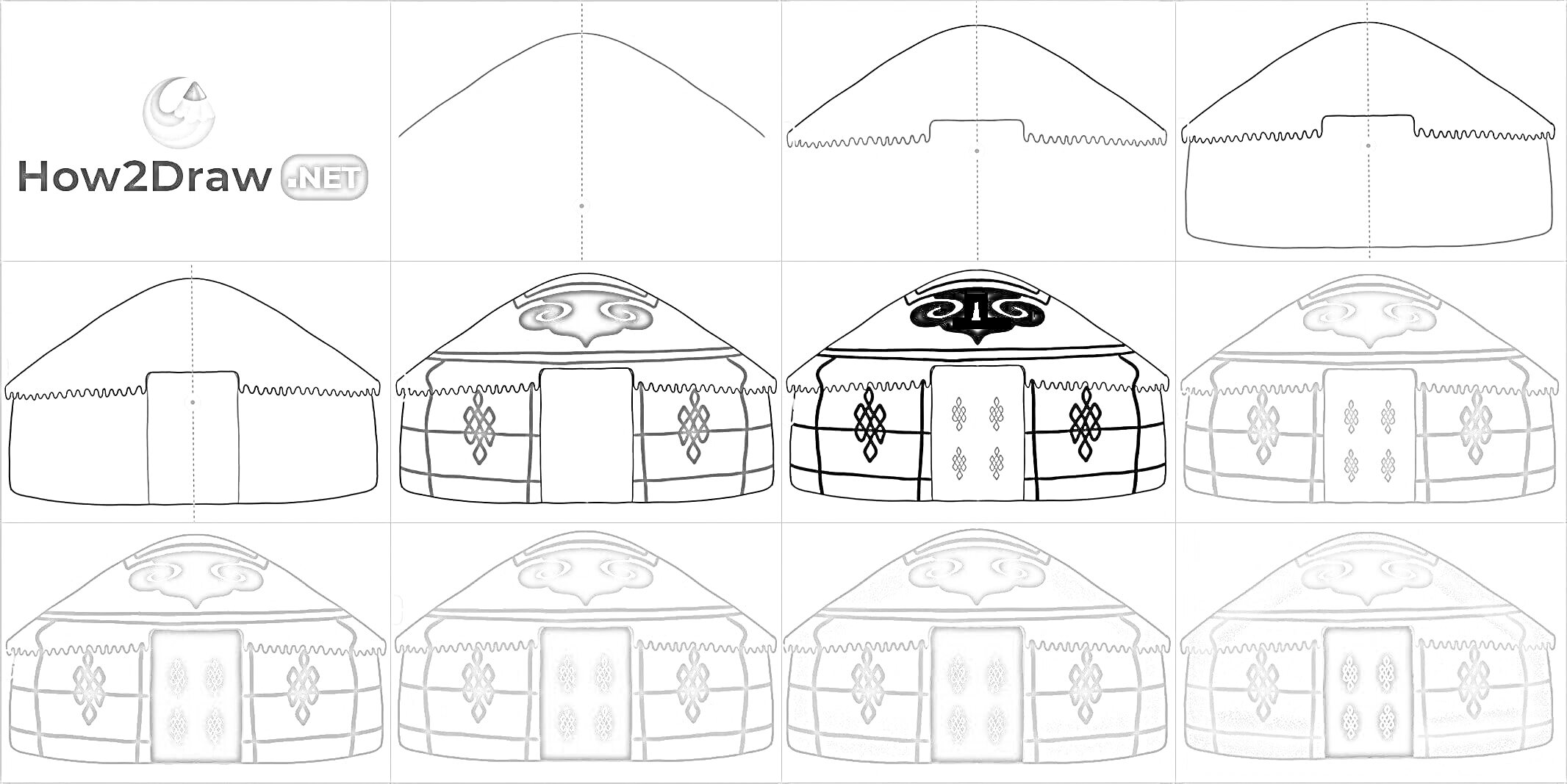 На раскраске изображено: Юрта, Шаги, Пошаговое руководство, Орнамент, Дверь, Крыша, Обучение рисованию