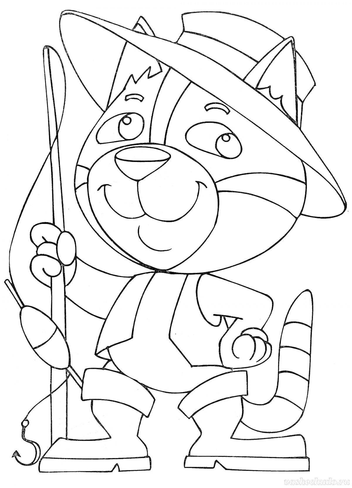 Раскраска Кот на рыбалке с удочкой и поплавком в шляпе и жилете