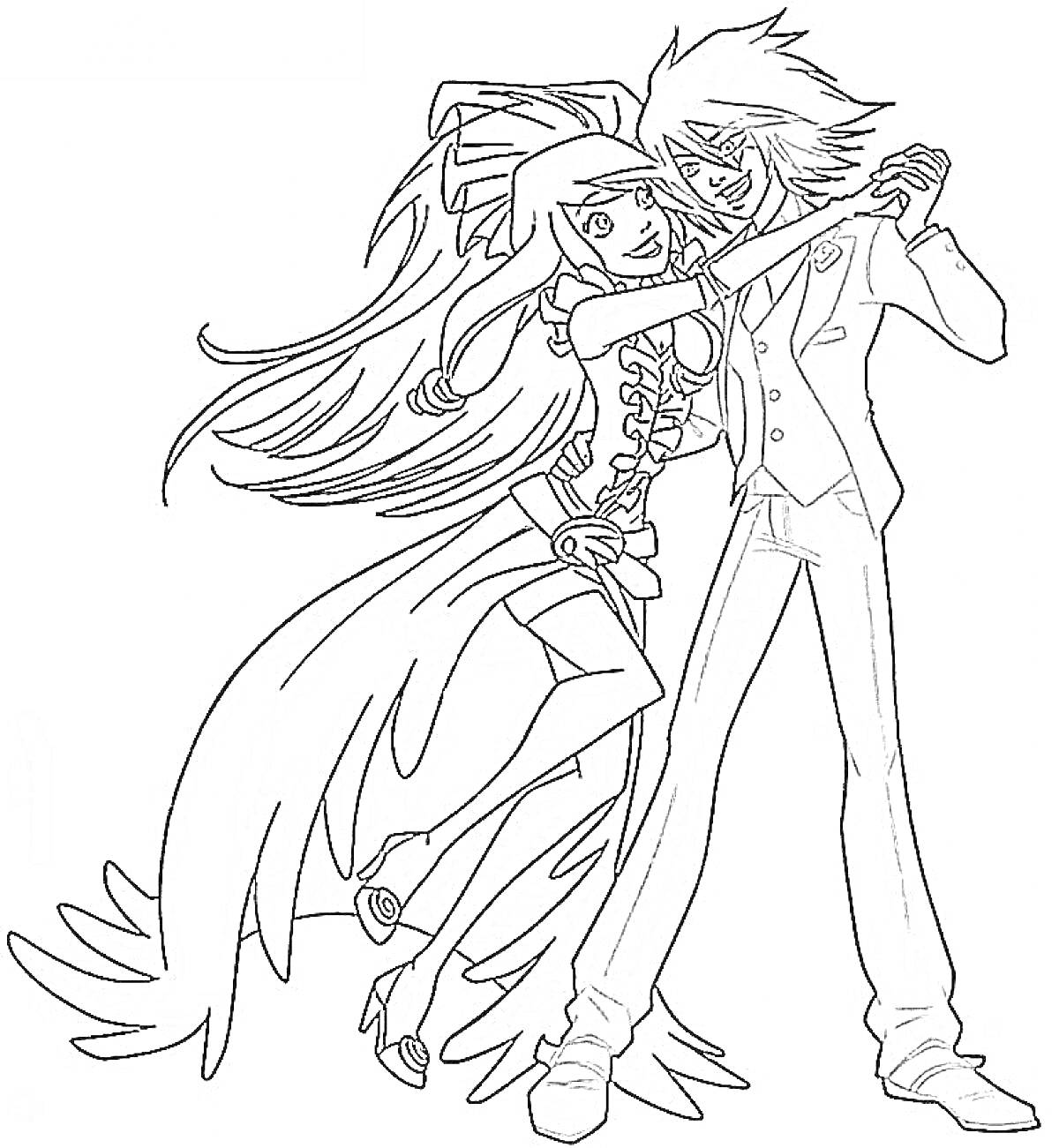 Раскраска Девушка в длинном платье и парень в костюме, танцующие вместе
