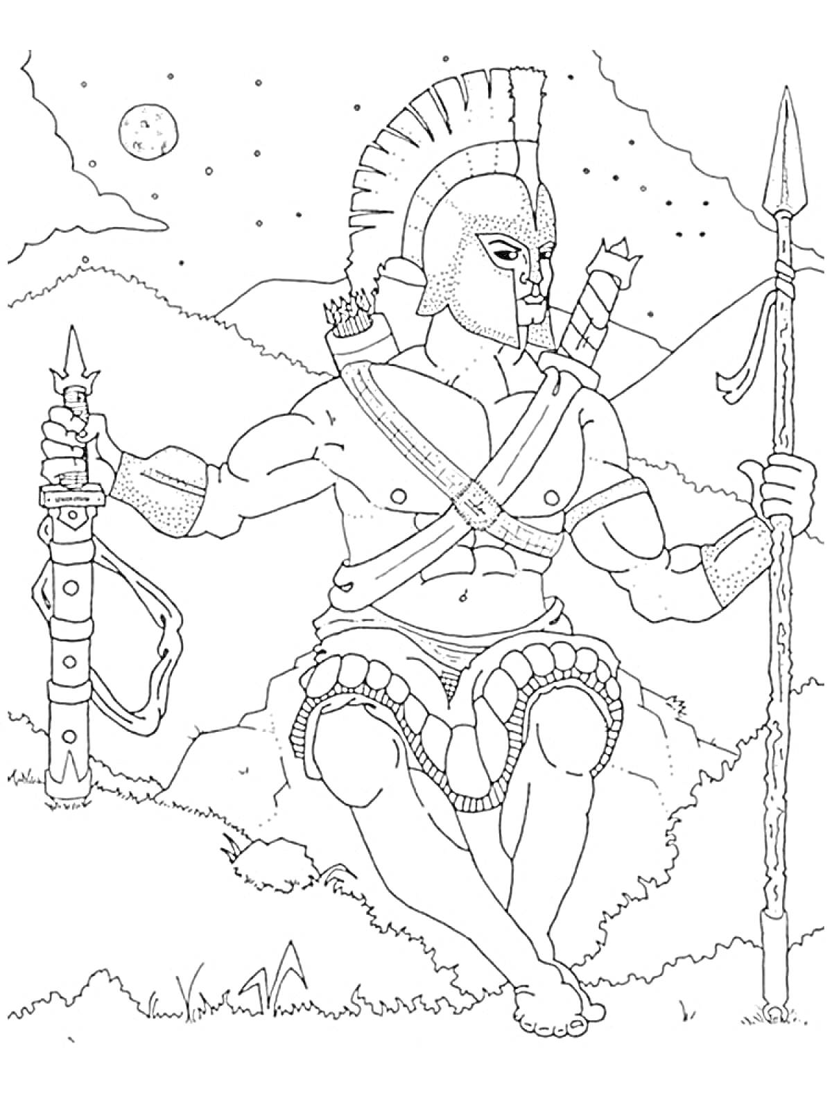 Раскраска Древнегреческий бог войны в шлеме со щитом и копьем, сидящий на камне на фоне звездного ночного неба и гор
