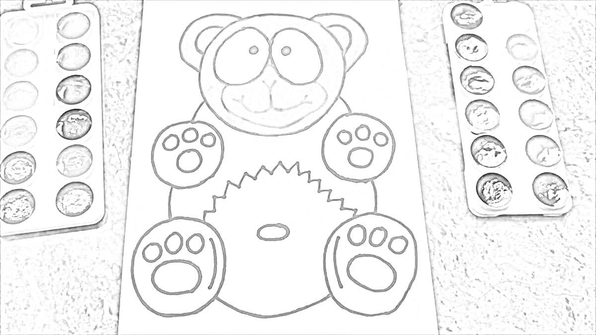 На раскраске изображено: Желейный медведь, Валера, Краски, Палитра, Медведь, Творчество