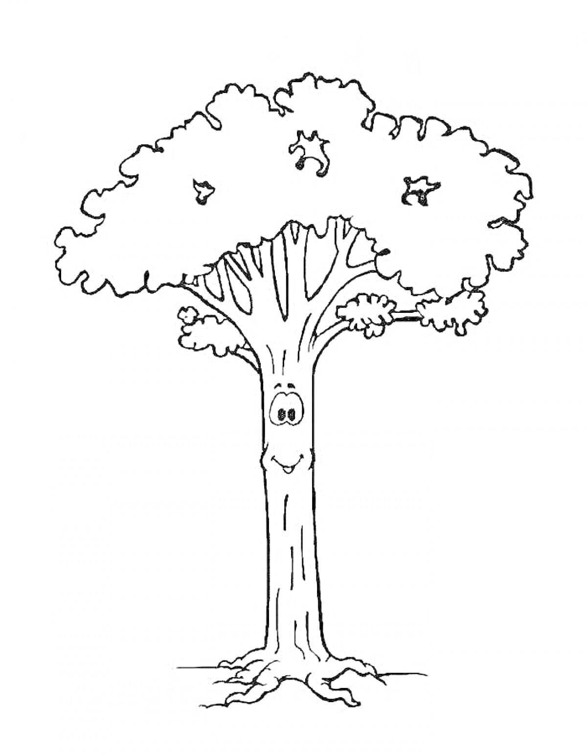 Раскраска Мудрый дуб с глазами и ротиком, с раскидистой кроной и корнями
