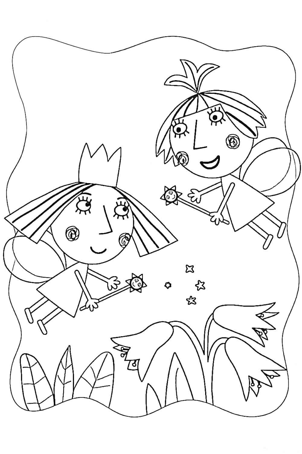 Раскраска Бен и Холли с волшебными палочками, летают рядом с цветами