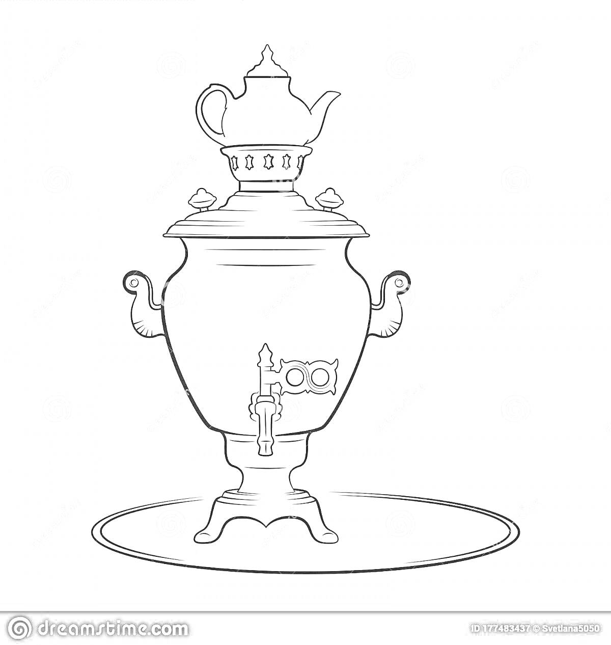 Раскраска Самовар на подносе с чайником и краником