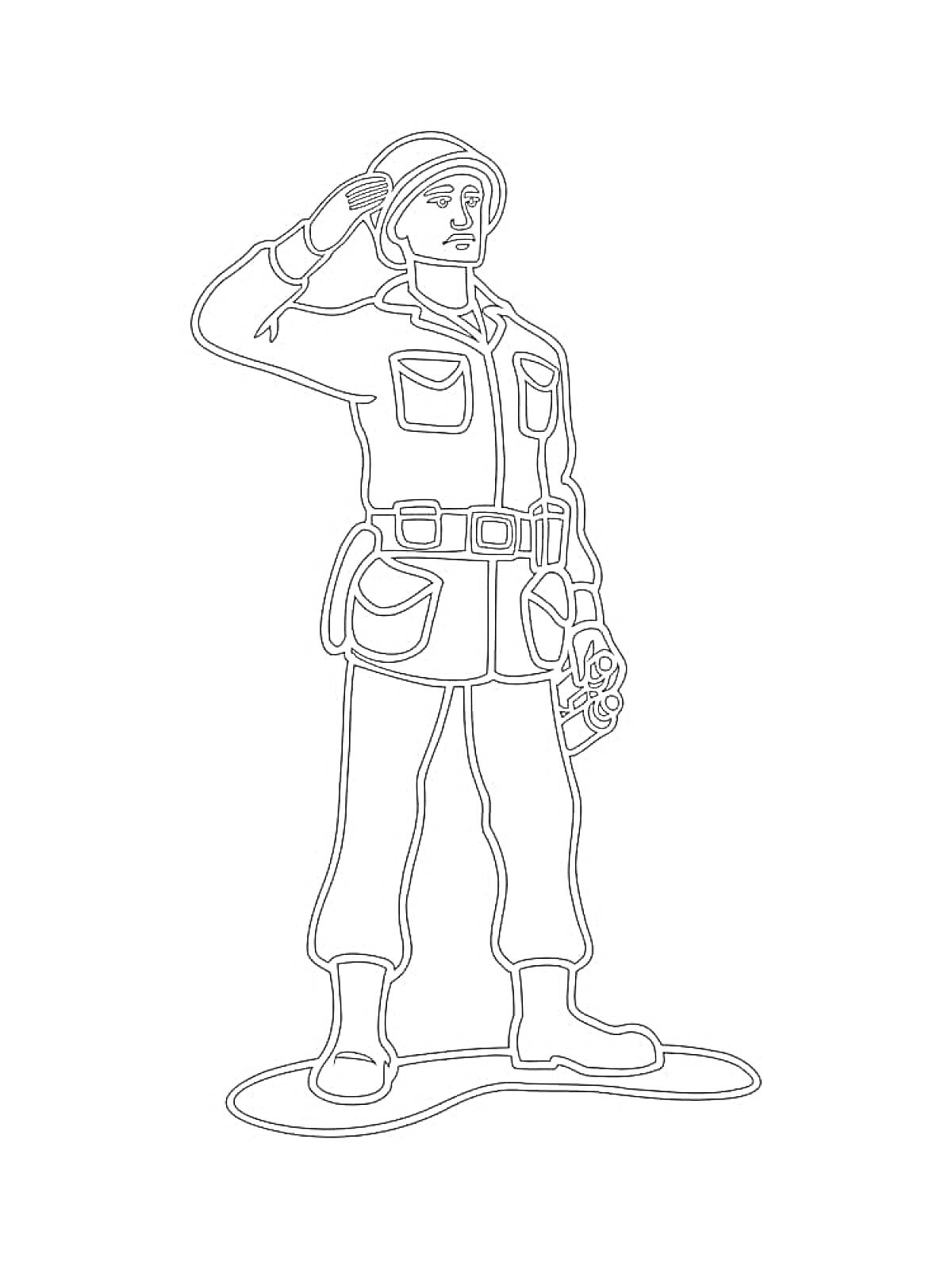 Раскраска Солдат в форме с пистолетом и каской, отдающий честь