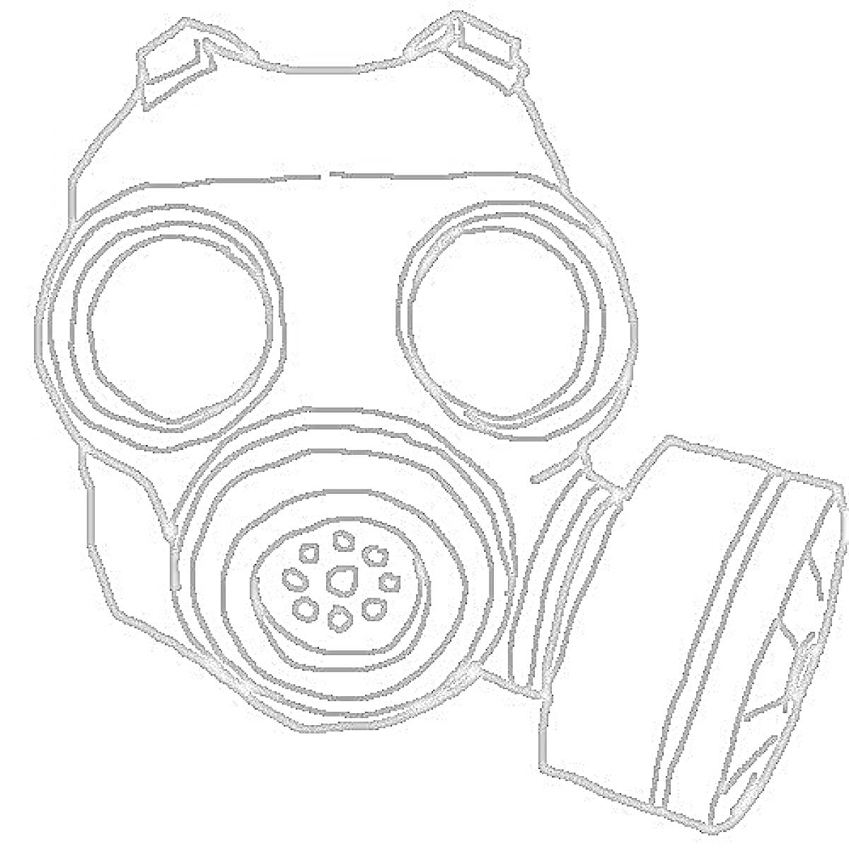 На раскраске изображено: Противогаз, Фильтр, Защитная маска, Очки, Безопасность