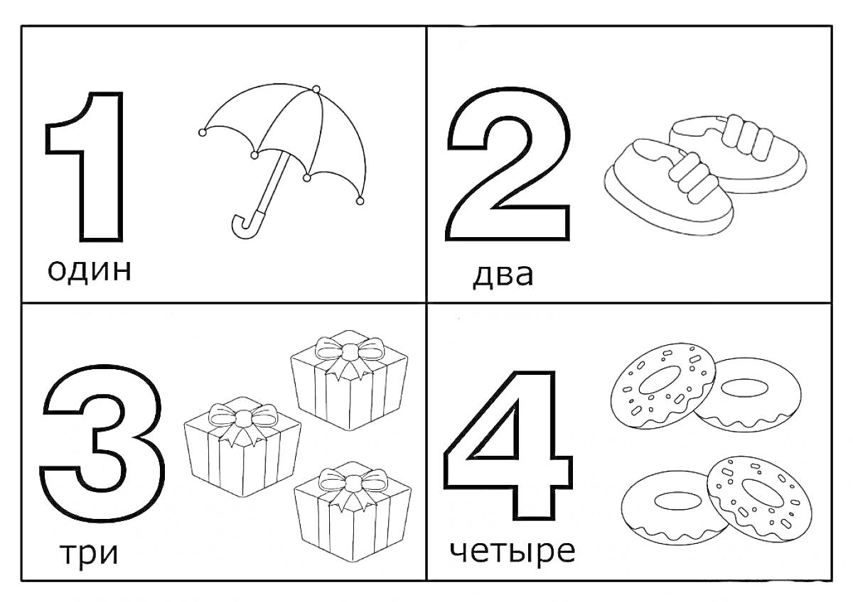 Раскраска Цифры - Один (зонт), Два (тапочки), Три (подарки), Четыре (пончики)