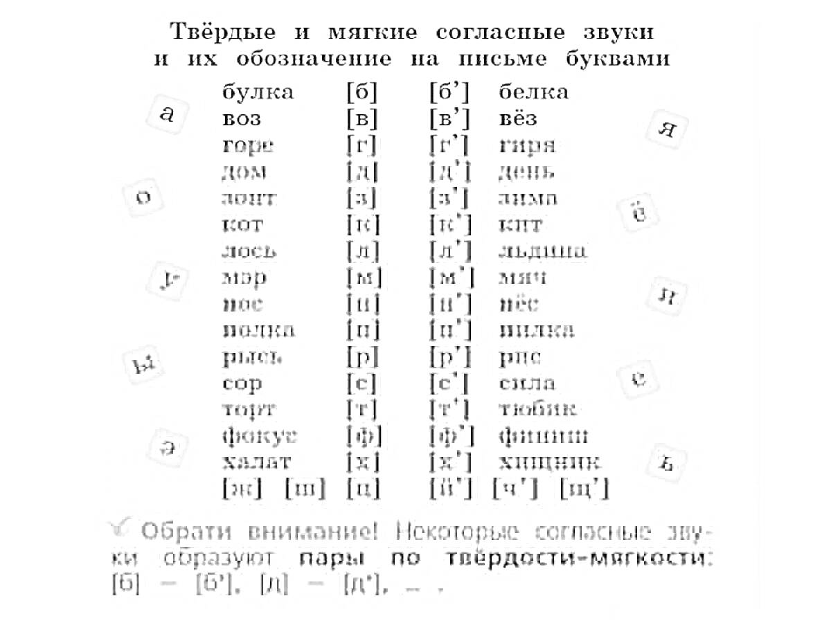 Раскраска Таблица твёрдых и мягких согласных звуков в словах с обозначением на письме