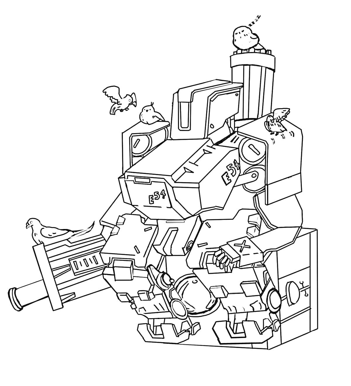 Раскраска Боевой робот с птицами на броне