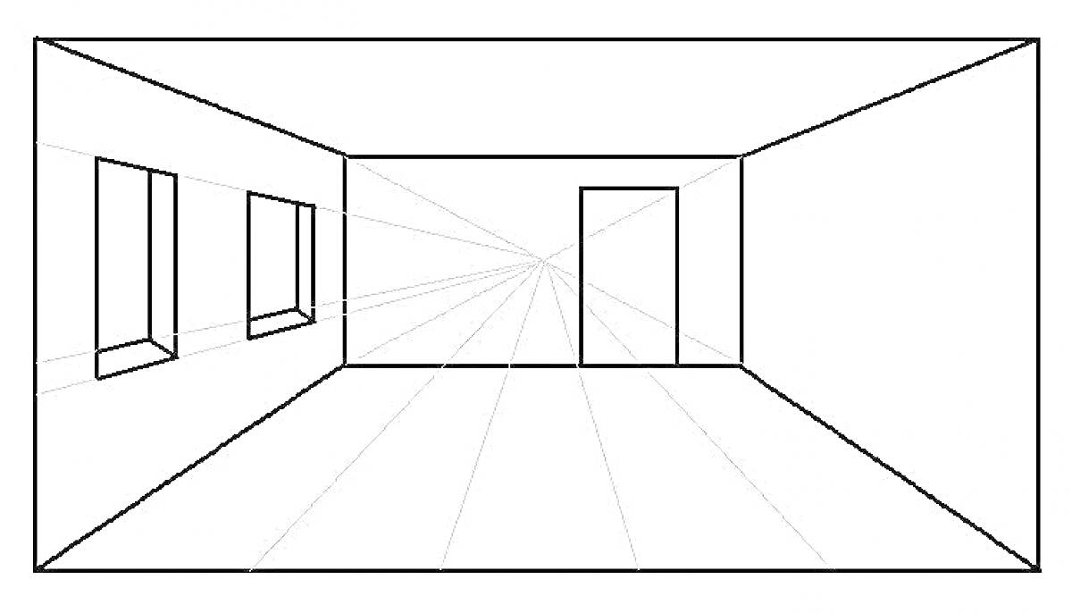 На раскраске изображено: Пустая комната, Дверь, Окна, Интерьер, Минимализм