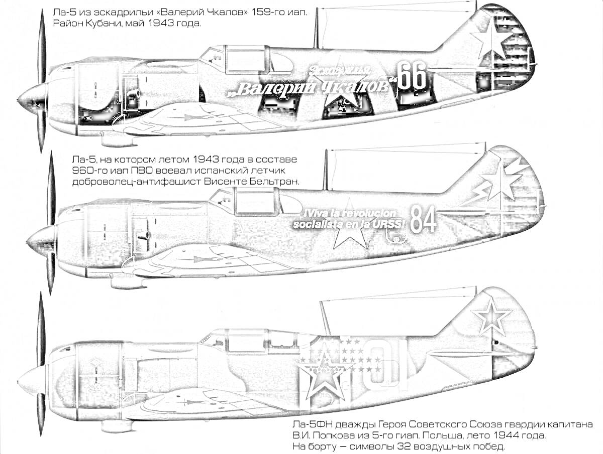 На раскраске изображено: Ла-5ФН, Самолеты, Авиация, Военная техника, СССР