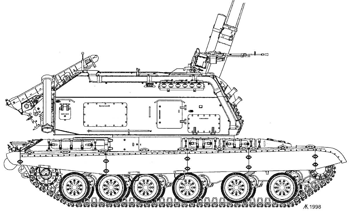 Бронированная гусеничная гаубица, вид сбоку, с поднятым стволом
