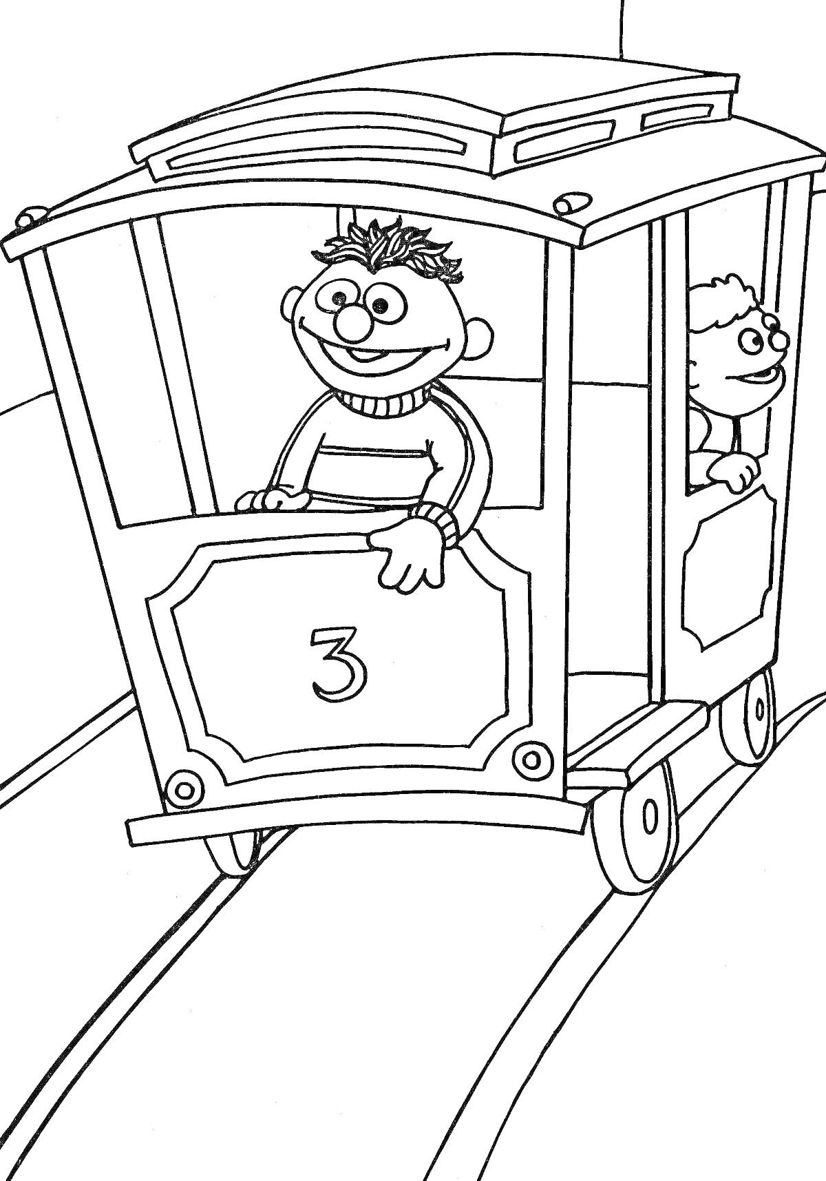 На раскраске изображено: Трамвай, Номер 3, Два человека, Транспорт, Рельсы