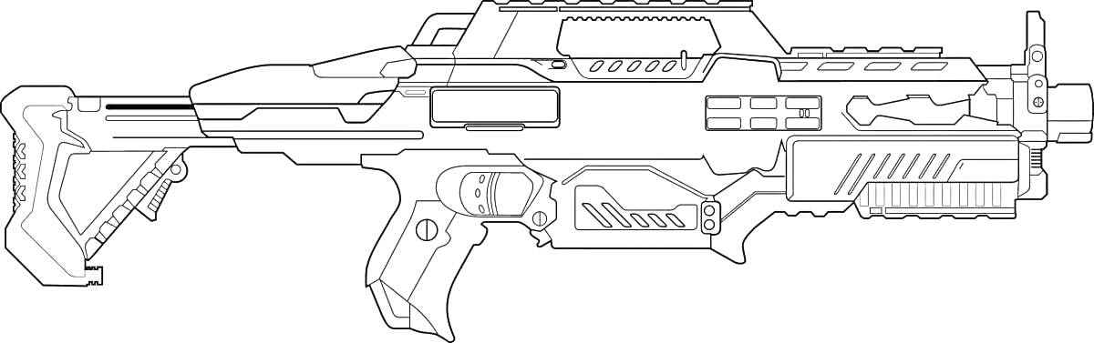 На раскраске изображено: Бластер, Оружие, Прицел, Детали, Приклад, Футуристический дизайн, Sci-Fi