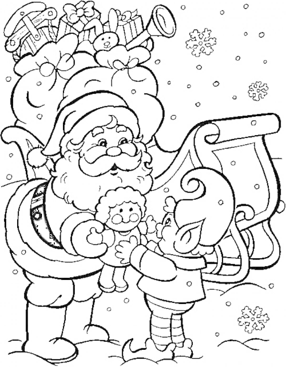 Санта Клаус и эльф рядом с упряжкой, с мешком подарков и снегом