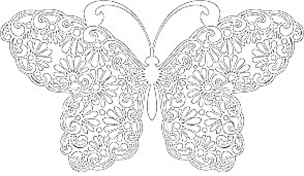 Раскраска Бабочка с декоративными узорами, состоящими из цветочных элементов и завитков