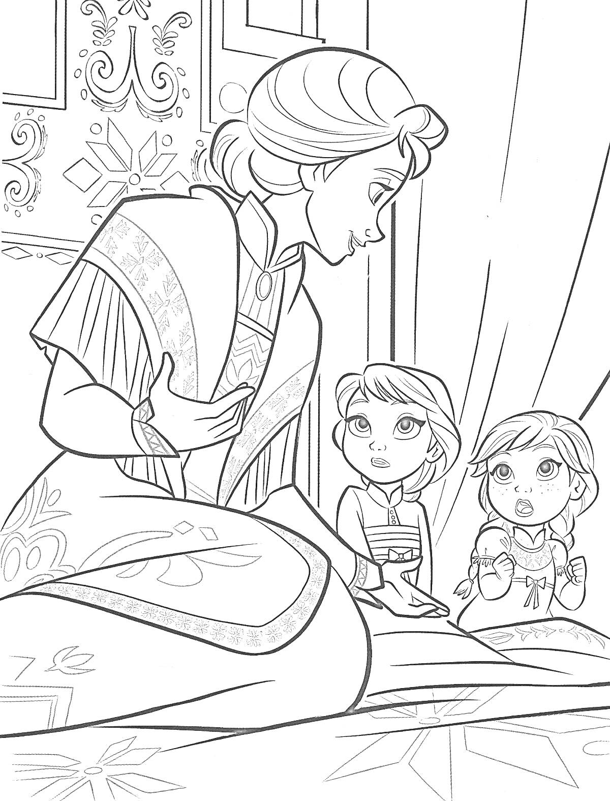 Раскраска Мать рассказывает маленьким Анне и Эльзе историю в помещении с занавесками и снежинками на стене