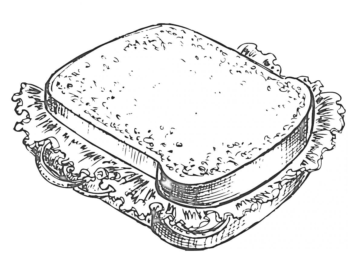 На раскраске изображено: Сэндвич, Еда, Листья салата, Хлеб, Бутерброд
