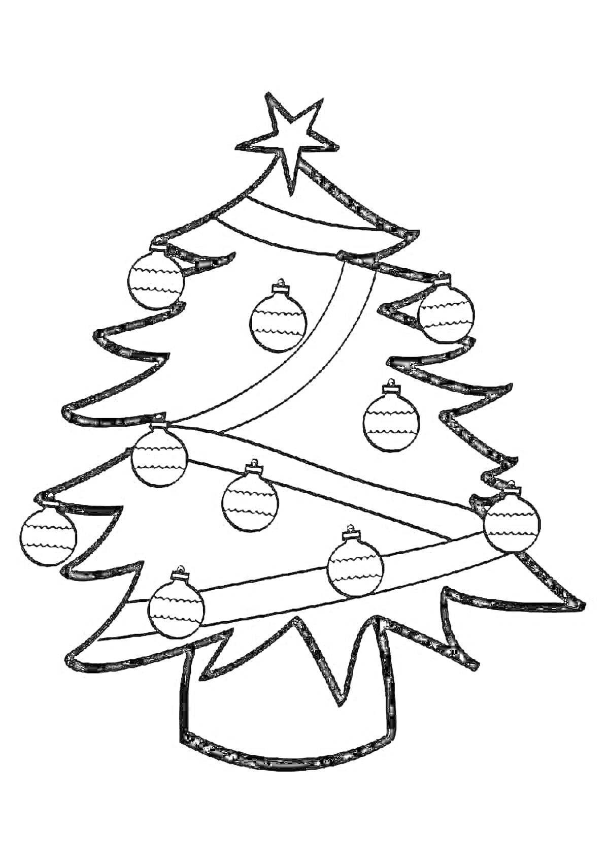 На раскраске изображено: Новогодняя елка, Шары, Новогодние украшения, Гирлянда