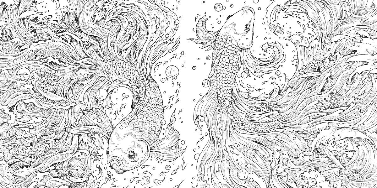 На раскраске изображено: Плавники, Вода, Пузыри, Рыба