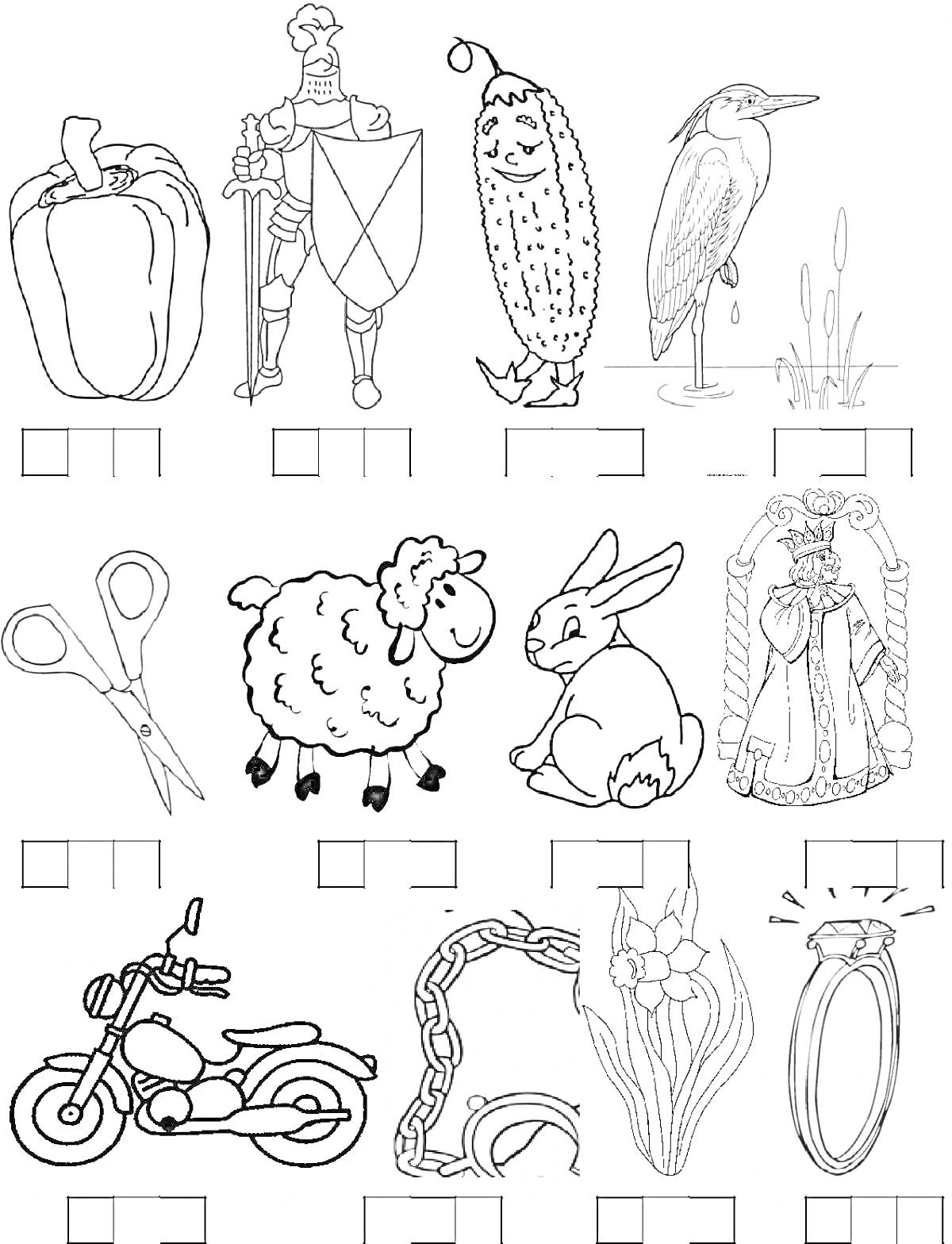 На раскраске изображено: Буква Ц, Задания, Перец, Огурец, Цапля, Ножницы, Кролик, Царь, Мотоцикл, Цветы, Кольцо