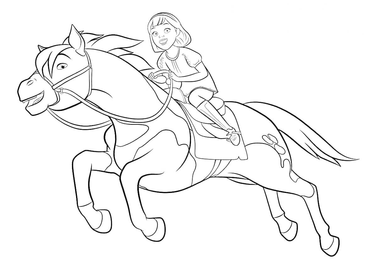 На раскраске изображено: Спирит, Лошадь, Девочка, Верховая езда, Скачки
