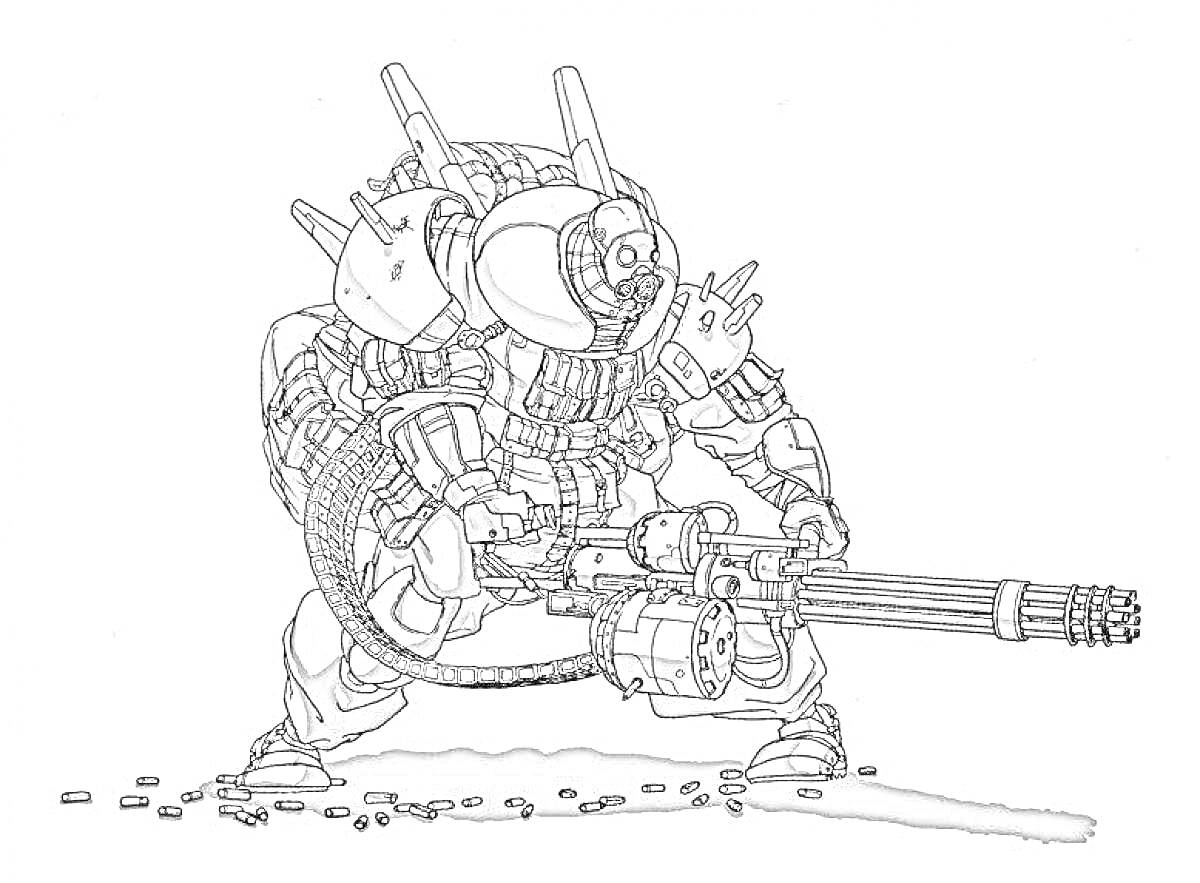 Раскраска Робот с миниганом, снаряженный броней и амуницией, стреляющий и разбросавший гильзы