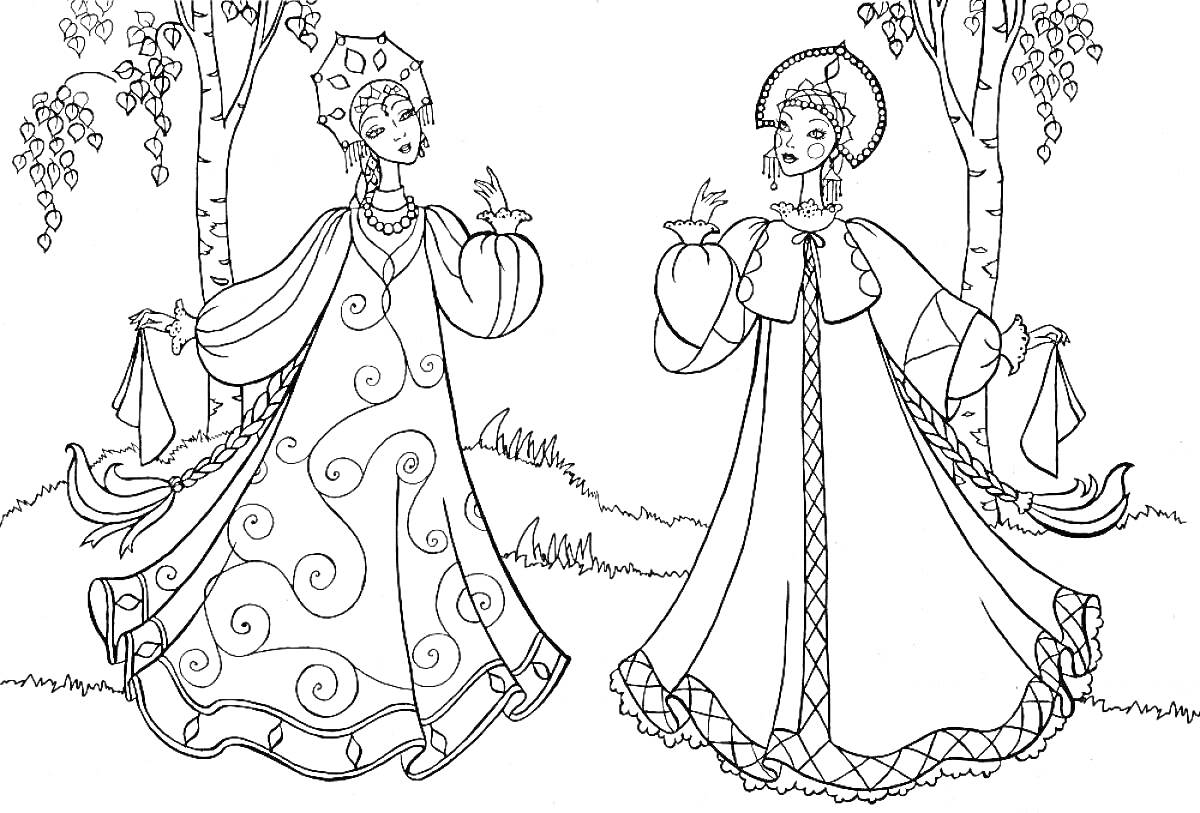 Раскраска Две девушки в длинных платьях возле деревьев, одна из которых держит лягушку.