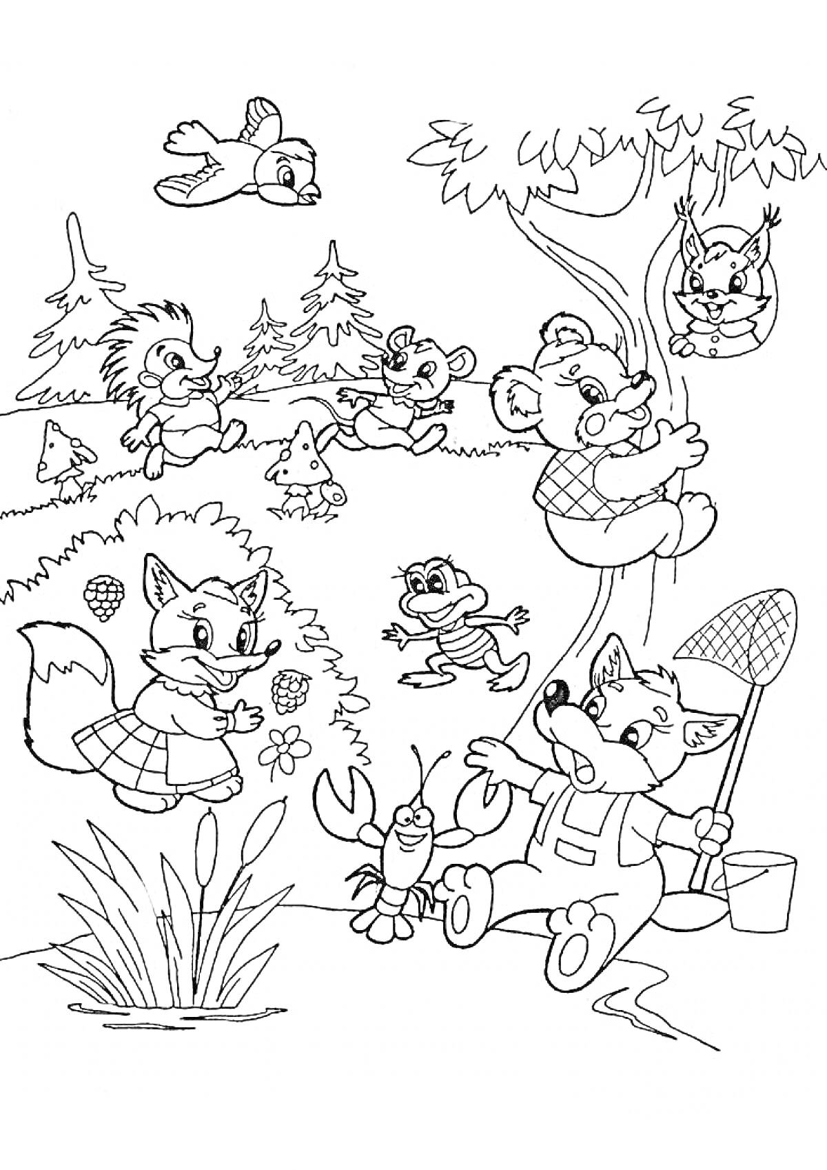 Раскраска Лесные животные - лиса с ведром и сачком, медведь на дереве, лиса с клубникой, ёжик, заяц, лягушка, птичка, белка на качелях, краб, лесные растения.