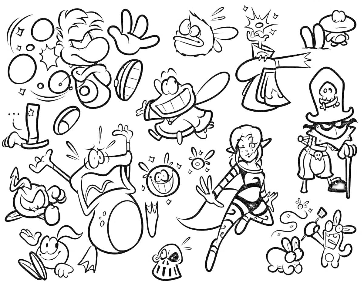 Раскраска Персонажи и объекты из игры Рейман, включая Реймана, летающий кулак, врагов, магических существ и различные мелкие объекты