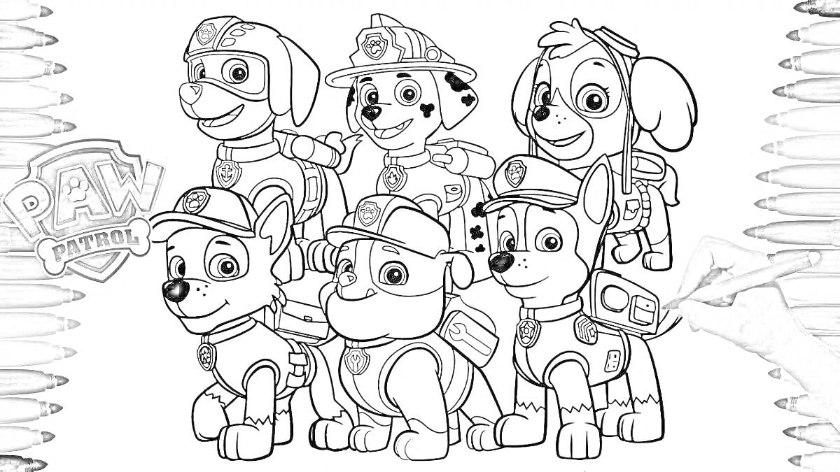 Раскраска Щенячий патруль - шесть щенков, значок PAW Patrol, щенок в шлеме, щенок с очками, щенок с шляпой, щенок с длинными ушами
