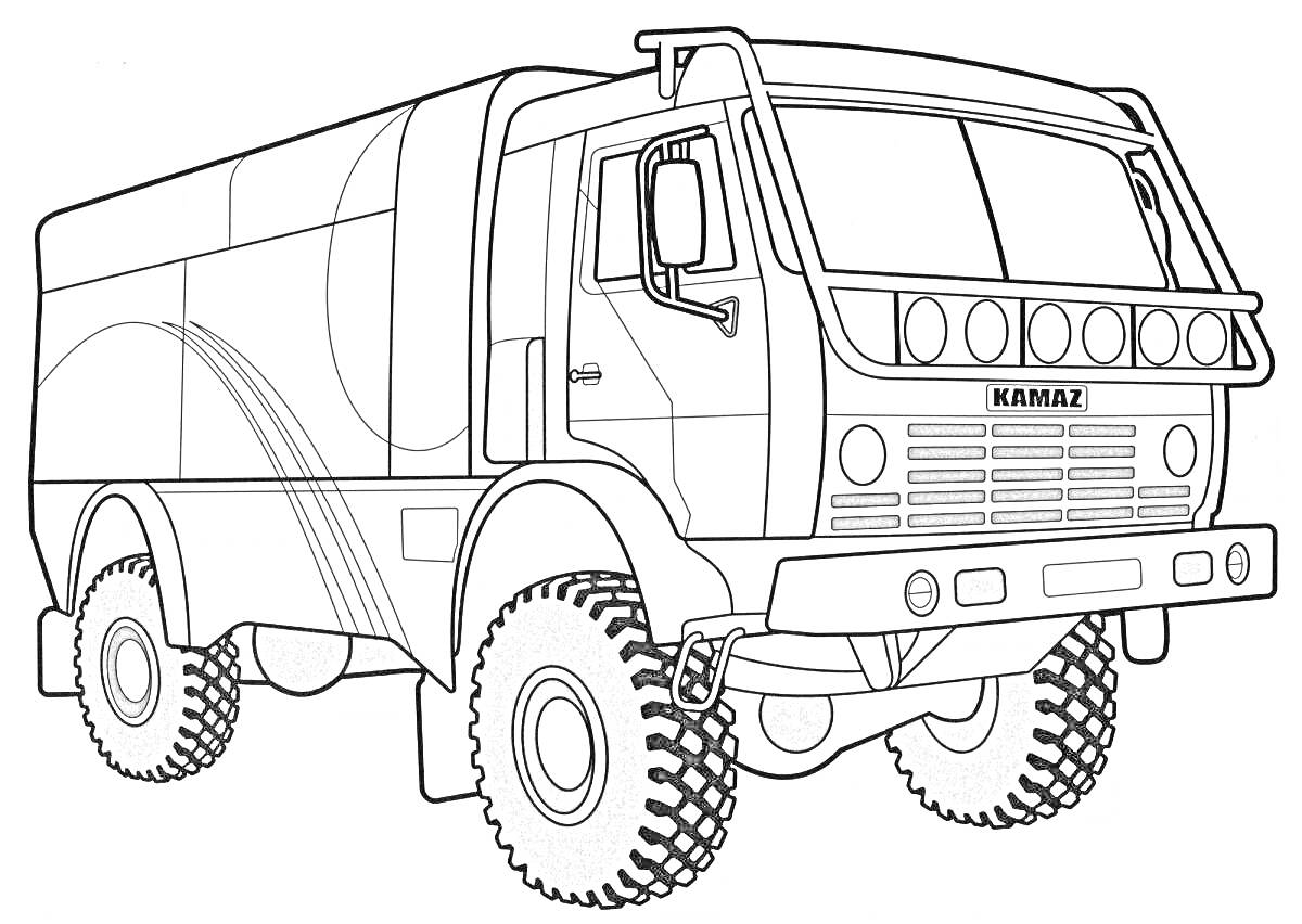 На раскраске изображено: Камаз, Военный грузовик, Транспорт, Армия, Колёса, Кузов