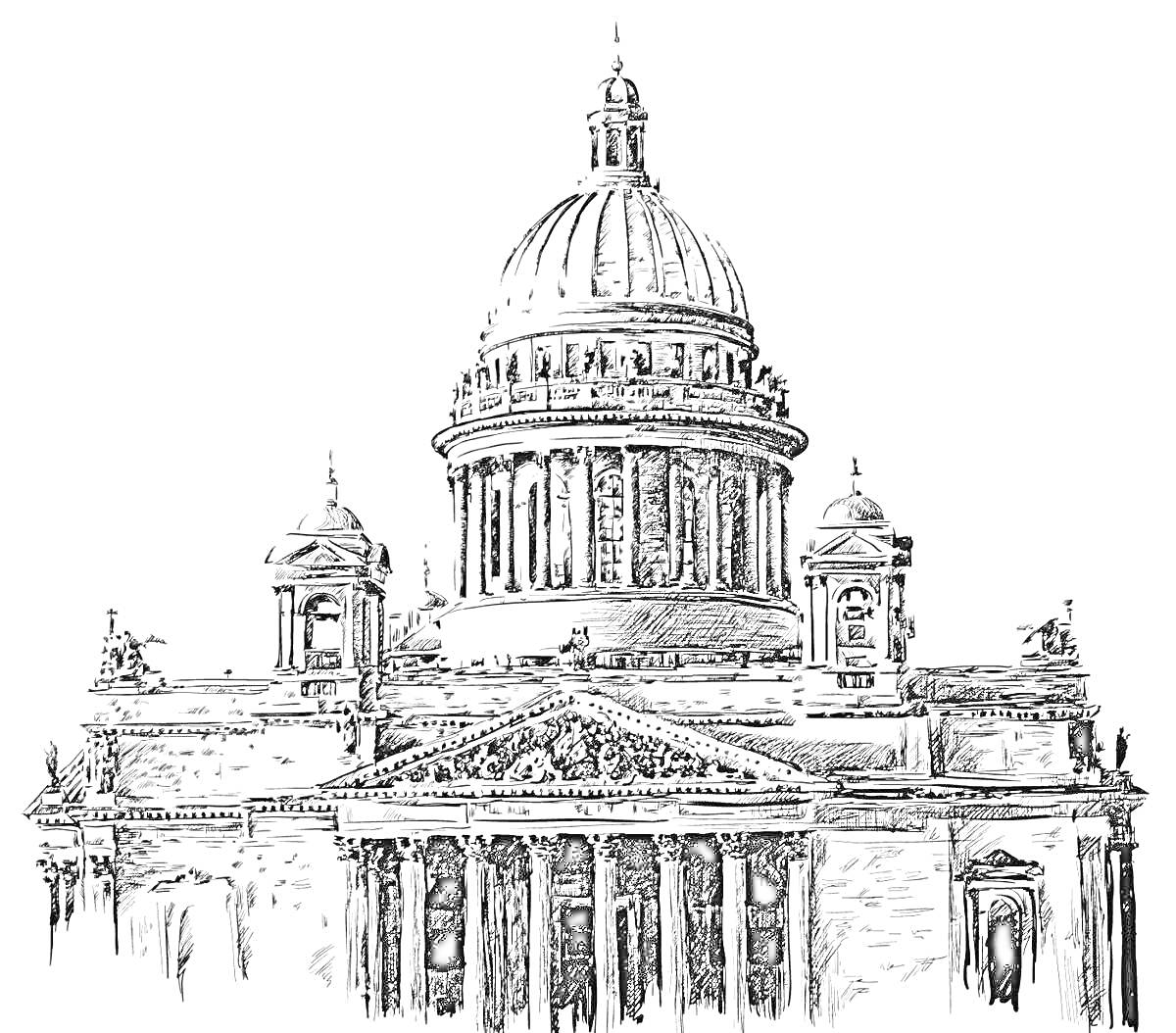На раскраске изображено: Исаакиевский собор, Санкт-Петербург, Архитектура, Собор, Россия, Колонны