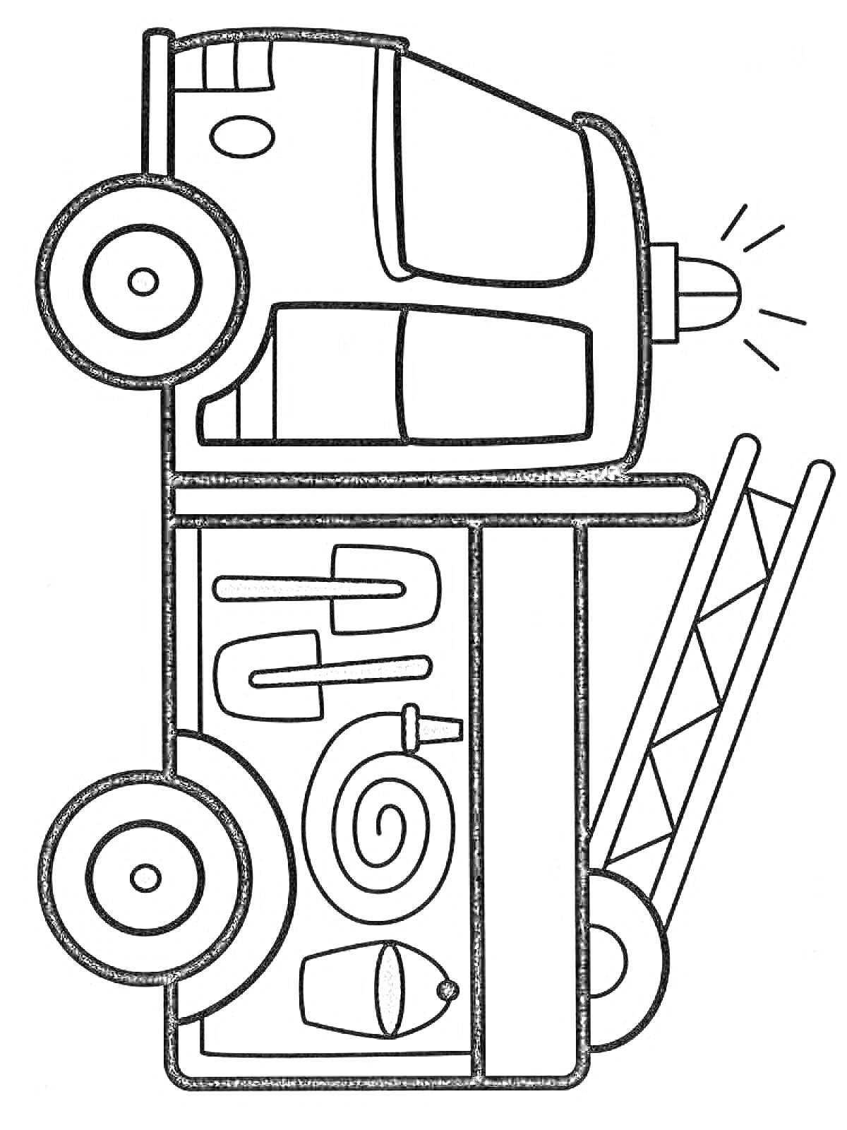 На раскраске изображено: Пожарная машина, 3 года, 4 года, Лестница, Шланг, Для детей, Инструмент, Ведёрко
