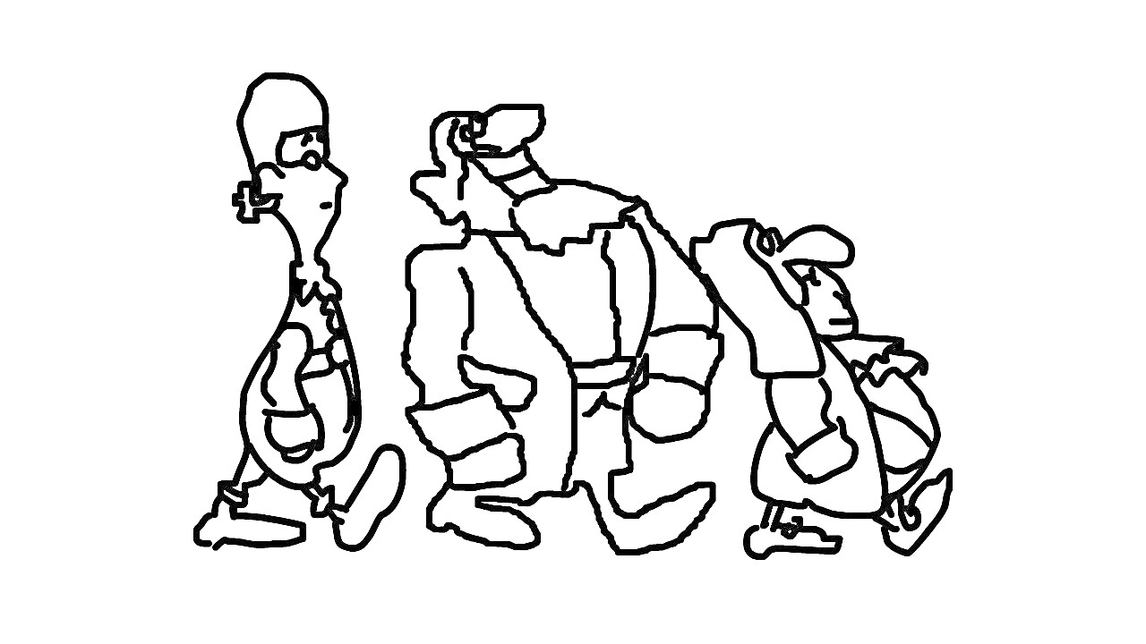 Раскраска Три персонажа, шагающих в ряд, доктор Ливси, пираты