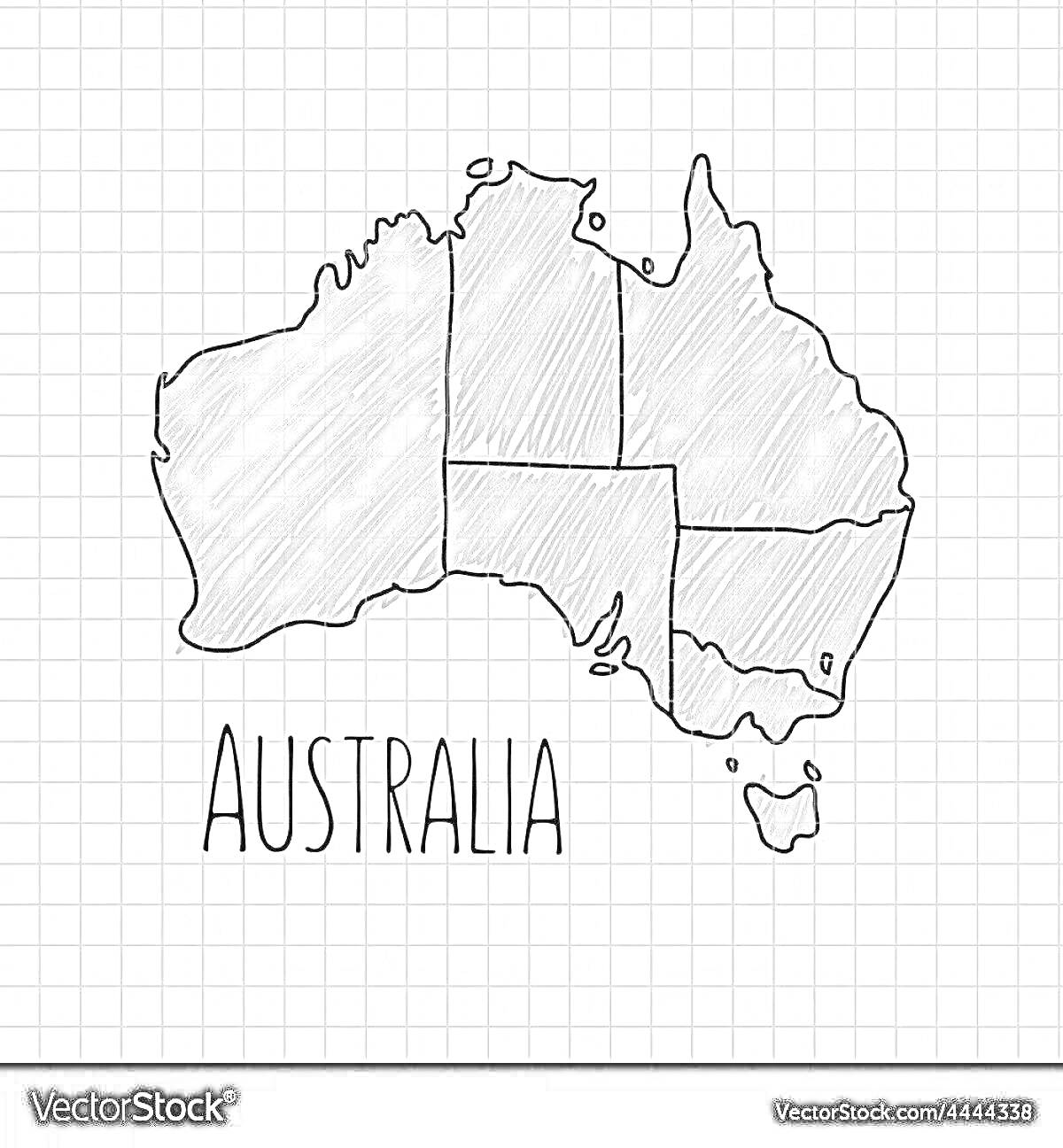Раскраска Раскраска - карта Австралии с границами штатов, стилизованная под карандашный рисунок, надпись 