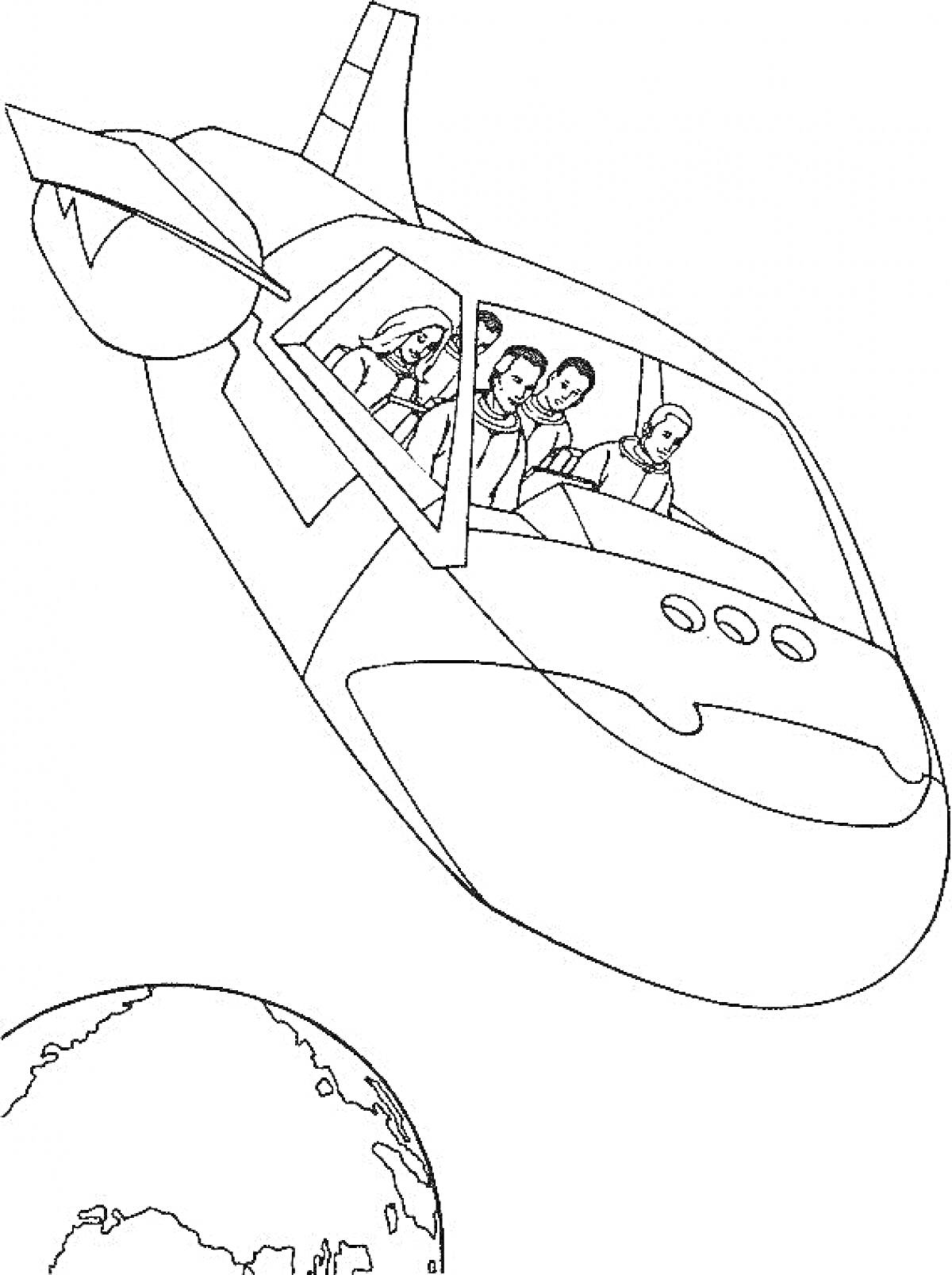 На раскраске изображено: Летающая машина, Будущее, Земля, Небо, Транспорт будущего, Космос