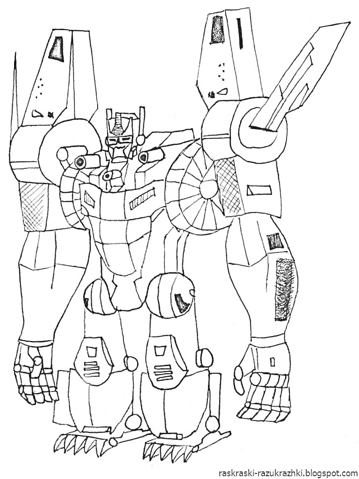 Раскраска Трансформер робот с массивными плечами, крупными руками, реактивными крыльями на спине и механическими ногами
