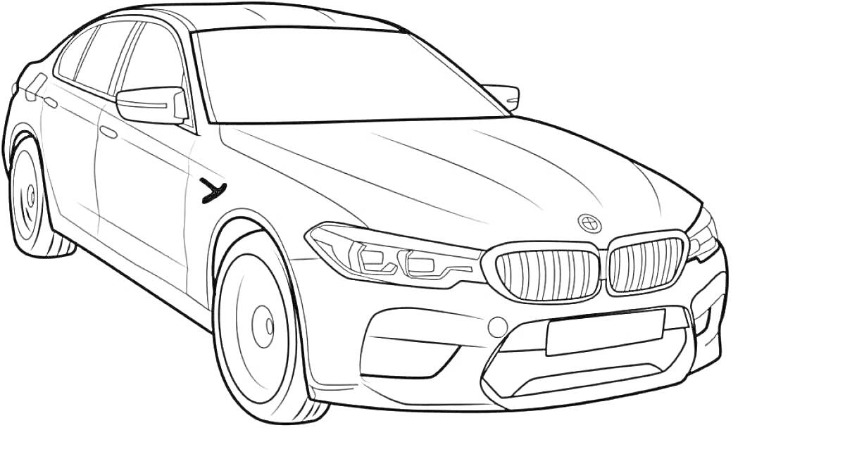 Линии контурного рисунка спортивного автомобиля BMW с видимыми фарами, решеткой радиатора, боковыми зеркалами, дверными ручками и колесами