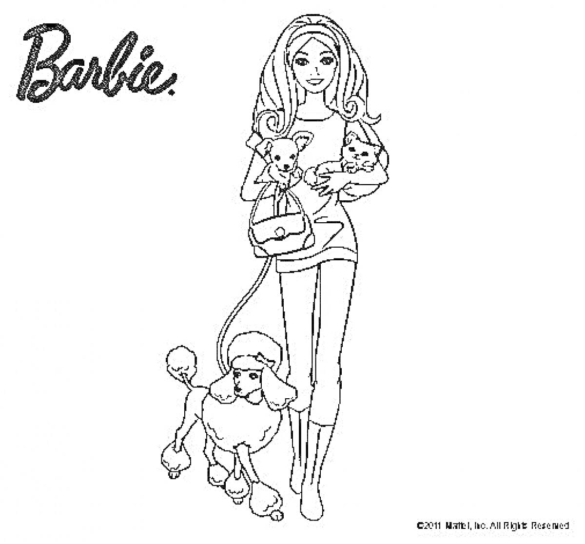 На раскраске изображено: Барби, Поводок, Расческа, Длинные волосы, Сапоги, Одежда, Собака