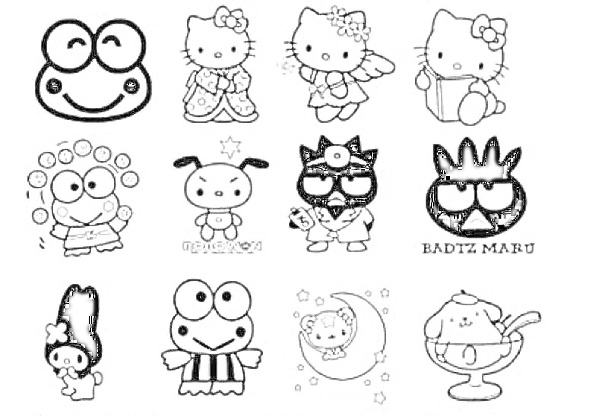Раскраска Листы раскраски с персонажами Sanrio, включая Hello Kitty, Keroppi, My Melody, Badtz-Maru и Pompompurin