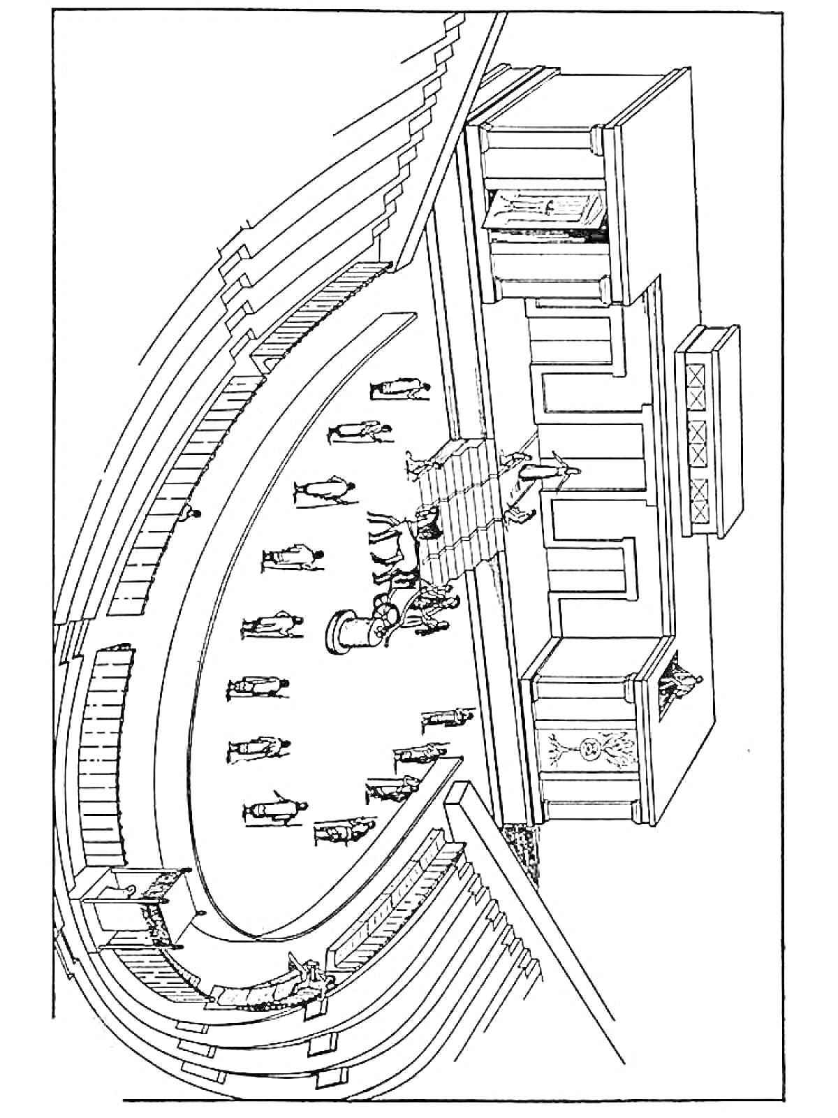 Раскраска Театр в Древней Греции с колоннадой и зрительскими рядами