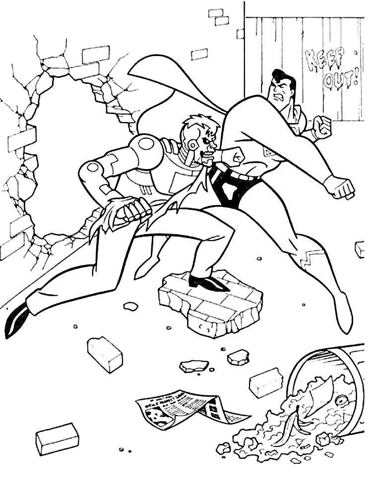 Супермен дерется с роботом в здании с выбитой стеной, рядом разбросанные кирпичи и мусор из перевернутого мусорного бака